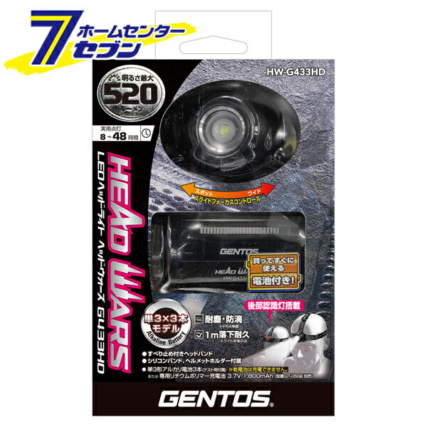 「ジェントス GENTOS LED ヘッドライト 520ルーメン ヘッドウォーズシリーズ HW-G433HD」は株式会社ホームセンターセブンが販売しております。メーカージェントス GENTOS品名LED ヘッドライト 520ルーメン ヘッドウォーズシリーズ HW-G433HD 品番又はJANコードJAN:4950654049985サイズ-重量381商品説明●ヘルメットホルダーやシリコンバンドなどの付属アクセサリーが充実　●後部認識灯搭載で後方の安全性を確保　●乾電池／専用充電池兼用■明るさ（約）：520ルーメン（Highモード時）/ 220ルーメン（midモード時）/ 50ルーメン（Ecoモード時）　■使用電池：単2形アルカリ電池×2本 または 専用リチウムポリマー充電池 2.7V 1,800mAh　■エネループ・充電式エボルタ使用可能　■点灯時間（約）：【ヘッド部】8時間（Highモード）/ 14時間（midモード）/ 48時間（Ecoモード）/ 120時間（クイックフラッシュ）、【後部認識灯】240時間（点灯）/ 710時間（点滅）　■保護等級：耐塵・防滴仕様（IP64準拠）　■落下耐久：1m落下耐久　■本体サイズ（約）：【ヘッド部】W72.1×H52.8×D28.8mm、【電池ボックス部】W84.8×H52.8×D20.4mm　■本体質量（約）：222g（電池含む）　■付属品：すべり止め付きヘッドバンド、シリコンバンド（バックル4個）、ヘルメットホルダー4個、テスト用電池　■オプションパーツ（別売）：専用充電池（型番：GT-05SB、JAN：4950654 026886）※専用充電池で使用した場合は、上記仕様と異なります。※付属のテスト用電池は乾電池です。充電池ではありません。※パッケージ、デザイン等は予告なく変更される場合があります。※画像はイメージです。商品タイトルと一致しない場合があります。《後部認識灯 作業ライト 点灯8時間 乾電池 専用充電池兼用 フォーカスコントロール アウトドア キャンプ》PSマークの種類：なし商品区分：原産国：中国広告文責：株式会社ホームセンターセブンTEL：0978-33-2811