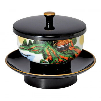 穴あき茶托セット 九谷焼茶碗付 4.2寸 黒(フチ金)/山水 5311420261091【メーカー直送：代金引換不可：同梱不可】【北海道・沖縄・離島は配達不可】