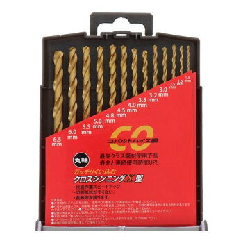 ※パッケージ、デザイン等は予告なく変更される場合があります。※画像はイメージです。商品タイトルと一致しない場合があります。ガッチリくい込む、クロスシンニングX型です。シンニング加工により、切味抜群です。※鉄・アルミ・ステンレスなどの難削材に美しい穴あけができます。サイズ個装サイズ：13.5×10.9×2.4cm重量個装重量：182g素材・材質ドリル刃:HSSハイス鋼、CO、チタンコーティングケース:PP仕様シンニング加工:3.0mm以上シャンク形状:丸軸セット内容1.5mm×12.0mm×12.5mm×13.0mm×13.2mm×13.5mm×14.0mm×14.5mm×14.8mm×15.0mm×15.5mm×16.0mm×16.5mm×1生産国中国広告文責:株式会社ホームセンターセブンTEL:0978-33-2811※パッケージ、デザイン等は予告なく変更される場合があります。※画像はイメージです。商品タイトルと一致しない場合があります。fk094igrjs