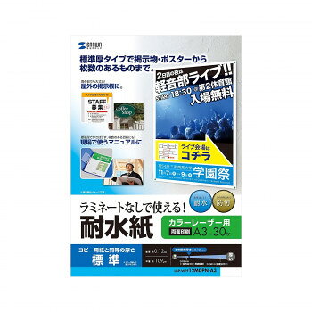 サンワサプライ カラーレーザー用 耐水紙 標準 A3サイズ LBP-WPF12MDPN-A3【メーカー直送：代金引換不可：同梱不可】【北海道・沖縄・離島は配達不可】