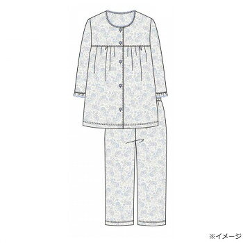 ギャルソンヌ　レディスパジャマ　綿100％天竺　花ペイズリー柄　切り替え衿なし7分袖　サックス　161036　Lサイズ【メーカー直送：代金引換不可：同梱不可】【北海道・沖縄・離島は配達不可】