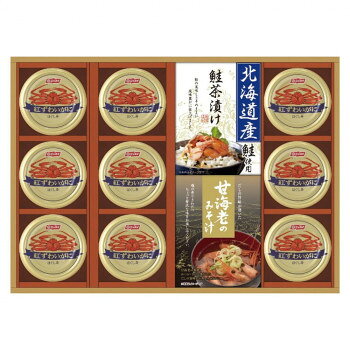 ※パッケージ、デザイン等は予告なく変更される場合があります。※画像はイメージです。商品タイトルと一致しない場合があります。北海道産鮭のお茶漬けと、濃厚な旨みの海老味噌汁、紅ずわいがにの詰め合わせです。内容量甘海老のみそ汁(7.5g×3袋)、北海道産鮭茶漬け(4g×3袋)、紅ずわいがにほぐし身55g×9缶サイズ個装サイズ：41×30×4cm重量個装重量：1250g仕様賞味期間：製造日より360日生産国日本広告文責:株式会社ホームセンターセブンTEL:0978-33-2811※パッケージ、デザイン等は予告なく変更される場合があります。※画像はイメージです。商品タイトルと一致しない場合があります。原材料名称：即席みそ汁、鮭茶漬け、紅ずわいがに水煮(フレーク)【味噌汁】粉末味噌汁(乳糖、赤味噌、食塩、食物繊維、かつお節、さば節)(国内製造)、甘えび粉末、乾燥わかめ、乾燥ねぎ、乾燥三つ葉/調味料(アミノ酸等)、糊料(プルラン)、炭酸カルシウム、甘味料(アセスルファムK)、(一部に乳成分・えび・大豆・さば・を含む)【鮭茶漬け】青のり風味顆粒(食塩、アオサ粉末、でん粉)(国内製造)、あられ、ごま、たらこ風味顆粒(食塩、砂糖、乳糖、澱粉、その他)、さけフレーク(食塩、さけ、糖類(砂糖、乳糖)、デキストリン)、鰹風味顆粒(乳糖、食塩、鰹節粉末、砂糖、その他)、鮭風味顆粒(乳糖、砂糖、食塩、鮭パウダー)、のり、乾燥わかめ、食塩、砂糖/調味料(アミノ酸等)、着色料(アナトー、紅麹、カラメル)、酸化防止剤(ビタミンE)、(一部に乳成分・小麦・さけ・さば・大豆・ごまを含む)【紅ずわい蟹ほぐし】紅ずわいかに、砂糖、食塩/調味料(アミノ酸等)、リン酸塩(Na)、増粘剤(キサンタン)、酸化防止剤(亜硫酸塩)、(一部にかにを含む)アレルギー表示乳、小麦、えび、かに、さけ、さば、大豆（原材料の一部に含んでいます）保存方法常温にて保存してください。製造（販売）者情報【味噌汁】販売者:株式会社中久製造所:シーラック株式会社【鮭茶漬け】販売者:株式会社中久製造所:株式会社みなり【紅ずわい蟹ほぐし】販売者:株式会社ニッスイ製造所:福井缶詰株式会社fk094igrjs