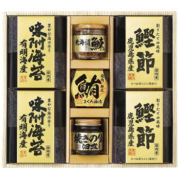 ※パッケージ、デザイン等は予告なく変更される場合があります。※画像はイメージです。商品タイトルと一致しない場合があります。北海道産の鮭フレーク、小豆島で製造された焼き海苔入りの佃煮、鹿児島県産鰹節など選りすぐりの逸品を詰合せた和風ギフトです。内容量北海道産鰊フレーク50g・焼きのり佃煮85g各1瓶・鰹削り節(2g×3袋)・有明海産味付け海苔(8切10枚)各2箱・まぐろ油漬け70g×1缶サイズ個装サイズ：36.7×31.4×8cm重量1080g個装重量：1090g仕様賞味期間：製造日より540日生産国日本広告文責:株式会社ホームセンターセブンTEL:0978-33-2811※パッケージ、デザイン等は予告なく変更される場合があります。※画像はイメージです。商品タイトルと一致しない場合があります。原材料名称：乾物北海道産鰊フレーク50g:にしん(北海道産)、なたね油、醤油、砂糖混合異性化液糖、砂糖、米発酵調味料、食塩、昆布エキス、ジンジャー/調味料(アミノ酸等)、酒精、カラメル色素、増粘剤(キサンタン)焼きのり佃煮85g:水飴(国内製造)、砂糖、醤油(小麦・大豆を含む)、アミノ酸液(大豆を含む)、焼きのり、食塩、でん粉、のり/ソルビット、調味料(アミノ酸等)、カラメル色素、増粘多糖類鰹削り節2g:かつおのふし(鹿児島製造)有明海産味付け海苔8切10枚:乾海苔(有明海産)、醤油、砂糖、食塩、みりん、昆布、かつお節、干しえび、唐辛子、清酒、調味料(アミノ酸等)、(一部に小麦・えび・大豆を含む)まぐろ油漬け70g:まぐろ(輸入又は国産(5%未満))、米油、野菜スープ(玉葱、人参、キャベツ)、ローストオニオン、食塩、アレルギー表示小麦、えび、大豆（原材料の一部に含んでいます）保存方法常温保存製造（販売）者情報販売者:株式会社エルスト/〒544-0033 大阪府大阪市生野区勝山北3-16-12fk094igrjs
