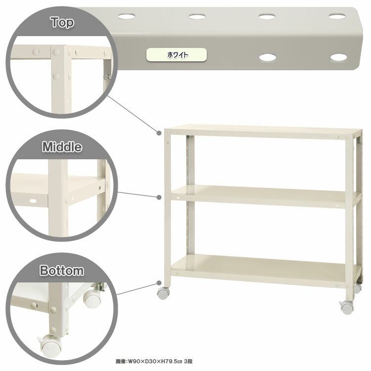 スマートラック キャスター付 幅90×奥行40×高さ78.5cm ホワイト 3段 NSTR-K266-3