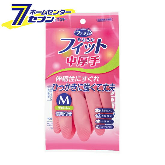 ファミリー やわらかフィット 天然ゴム手袋 M ピンク [ゴム手袋 ビニール手袋 裏毛つき Mサイズ 中厚手 家庭用手袋 作業手袋 キッチン手袋 台所 洗濯 掃除 エステー]