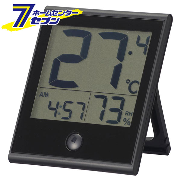 温度が見やすい温湿度計 時計機能付き ブラック （品番）08-1447 TEM-210B-K [理美容・健康:体温計・温..