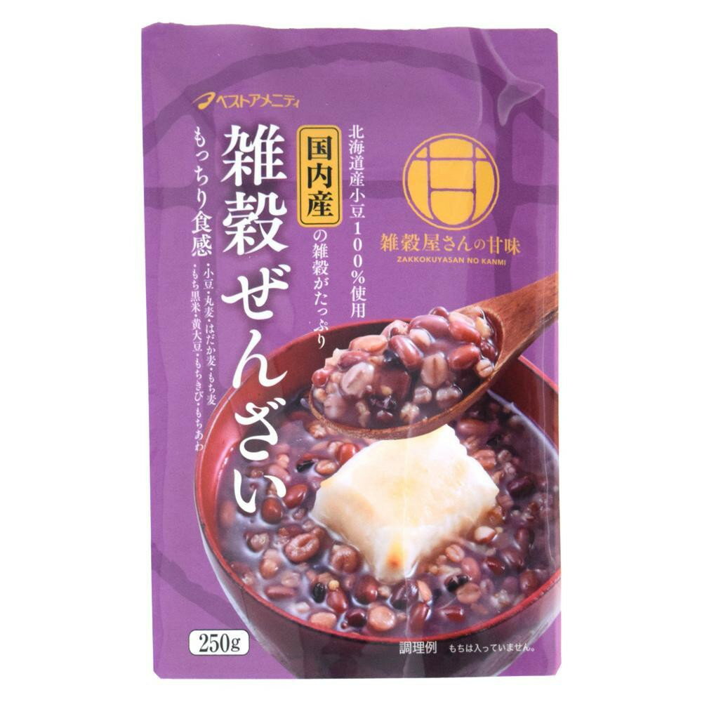 【同梱制限有り 対象番号：275】左記以外の商品との同梱不可※パッケージ、デザイン等は予告なく変更される場合があります。※画像はイメージです。商品タイトルと一致しない場合があります。小豆だけでなく穀物を入れることによって、もちもちとした食感をプラスしたぜんざいとなっています。内容量250gサイズ175mm×120mm×45mm個装サイズ：28.6×20.6×10cm重量260g個装重量：4800g仕様賞味期間：製造日より730日生産国日本広告文責:株式会社ホームセンターセブンTEL:0978-33-2811※パッケージ、デザイン等は予告なく変更される場合があります。※画像はイメージです。商品タイトルと一致しない場合があります。国内産八種類の雑穀を使用したぜんざいです。小豆だけでなく穀物を入れることによって、もちもちとした食感をプラスしたぜんざいとなっています。原材料名称：ぜんざい砂糖(国内製造)、小豆、丸麦、はだか麦、もち麦、もち黒米、黄大豆、もちきび、もちあわ、魚しょう、焼酎(米焼酎、麦焼酎、酒かす焼酎)、穀物発酵液(玄米、食塩、はだか麦、もちあわ、もちきび、ひえ、ハト麦、赤米、黒米)、食塩アレルギー表示（原材料の一部に以下を含んでいます）卵乳小麦そば落花生えびかに　　　　　　　あわびいかいくらオレンジカシューナッツキウイフルーツ牛肉　　　　　　　くるみごまさけさば大豆鶏肉バナナ　　　　●　　豚肉まつたけももやまいもりんごゼラチン　　　　　　保存方法常温保存製造（販売）者情報【販売者】ベストアメニティ株式会社福岡県久留米市三潴町田川32-3fk094igrjs