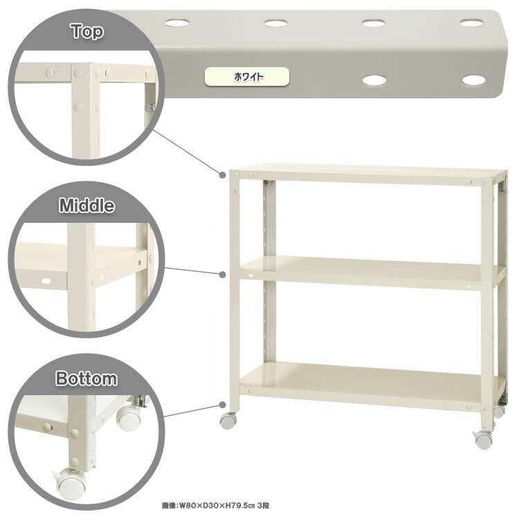 スマートラック キャスター付 幅80×奥行20×高さ78.5cm 3段 ホワイト NSTR-K253-3 キタジマ [スチール棚 スチールラック 業務用 収納棚 収納ラック]