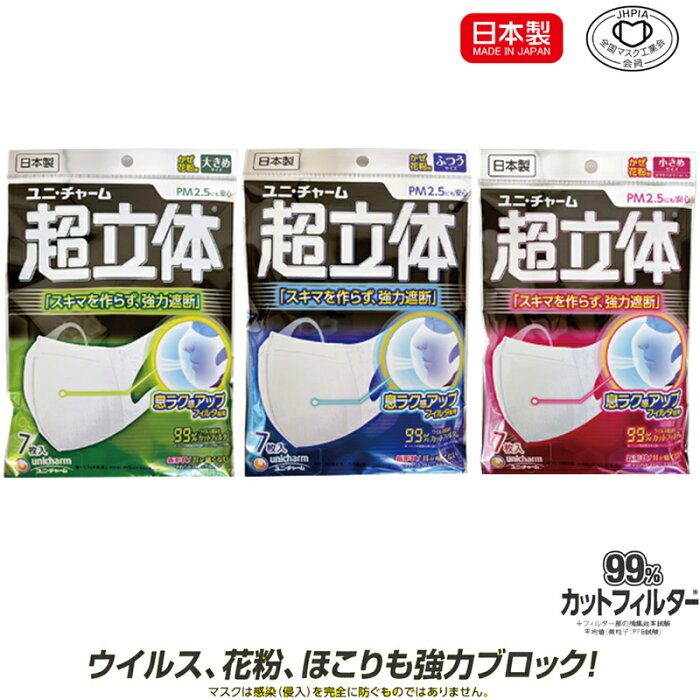 【送料無料】日本製マスク ユニチャーム 超立体マスク 大きめサイズ ふつうサイズ 小さめサイズ 7枚入 全国マスク工業会会員企業 かぜ 花粉 PM2.5 Unicharm mask