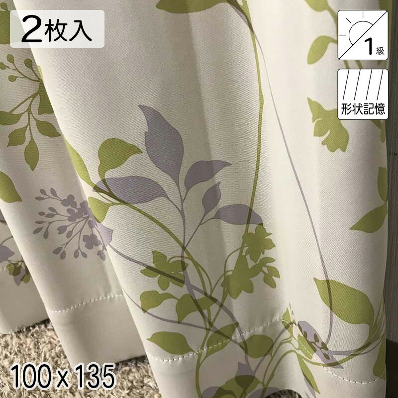 カーテン 2枚組 遮光1級 形状記憶 レリーフ グリーン 100×135 1組(2枚組) 既製品 青木
