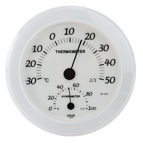 壁掛け用のアナログ式の温湿度計です。《用途》温度、湿度の測定と管理。《機能》温度・湿度の上昇が見やすいアナログ式です。壁掛けの設置が可能です。《製品仕様》●表示：アナログ式(針)●本体カラー：ホワイト●本体：220×220×30mm●重量：220g●温度精度：±2度C以内（-10〜40度C)●湿度精度(常温時20〜25度C)：±5%以内(35〜85%)●材質：樹脂
