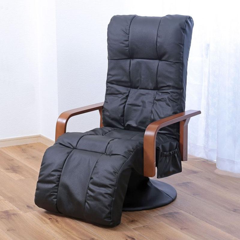 谷村実業 本革フットレスト付リクライニングチェアー TAN-257F(BK)ブラック リクライニングチェアー 高座椅子 ハイタイプ