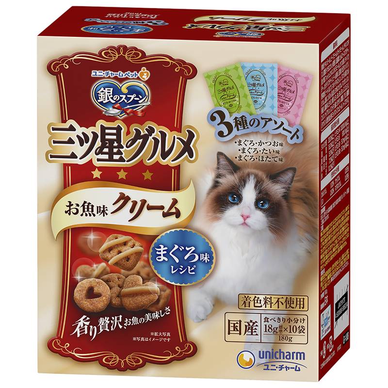 ユニチャーム 猫 ドライ 銀のスプーン三ツ星グルメお魚味クリームまぐろ味レシピ3種のアソート 180g ペット用品