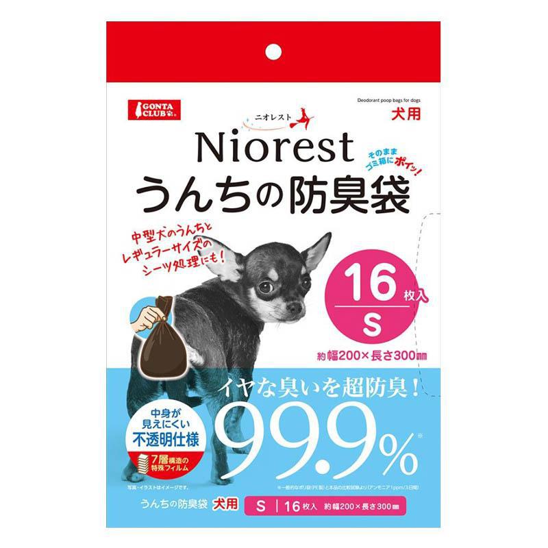 商品コード : 4906456572916商品名 : ニオレストうんちの防臭袋S犬用16枚イヤな臭いを超防臭！商品説明 : 7層構造の特殊フィルムで臭いを閉じ込める、中身が見えにくく結びやすいソフトな袋！原材料 : ポリエチレン大分類 : 犬小分類 : 衛生用品原産国 : 中華人民共和国※こちらの商品は予告なくリニューアルする場合がございます。パッケージや説明文とは異なる場合がある商品となります。新・旧のご指定やリニューアルを理由とした返品・交換はお受けできかねます。予めご了承ください。