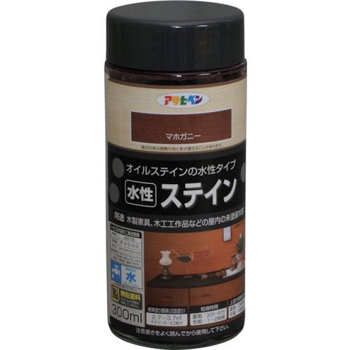 《メーカー》（株）アサヒペン《品番》426444《特長》●特殊顔料を使用していますので未塗装部への浸透性に優れ、木目を生かした着色仕上げができます。●上塗り不要です。●※そのまま仕上げることが出来ますが、保護の目的で用途に応じたニス(クリヤ)の上塗りをしてください。●ラッカー系、ポリウレタン系ニスの上塗りができます。●建築基準法対応（F☆☆☆☆）塗料です。《用途》●木製家具、木工作品などの屋内の未塗装木部(屋外除く)。●幅木、腰板などの屋内未塗装木製建具に。●※床の着色に使用する場合は、必ず床用ニスを上塗りしてください。《仕様》●容量(L):0.3●乾燥時間:夏期/30〜50分・冬期/1〜2時間●色:マホガニー●塗り重ね可能時間:1〜2時間●指触乾燥時間:1〜2時間●塗り重ね回数:2●塗布面積(［［M2］］):2.7〜3.7《仕様2》《原産国（名称）》日本《材質／仕上》●アクリル樹脂《セット内容／付属品》《注意》《JANコード》4970925426444《本体質量》600.0g※こちらの商品は送料無料対象外です。※「送料無料」と表示されても別途送料が必要となりますのでご注意ください。アサヒペン　水性ステイン　300ML　マホガニー〔品番：426444〕[注番:1237779][本体質量：600.0g]《包装時基本サイズ：65.00×65.00×151.00》〔包装時質量：600.0g〕分類》工事・照明用品》塗装・内装用品》塗料☆納期情報：取寄管理コード(005) メーカー直送品 (欠品の場合有り)
