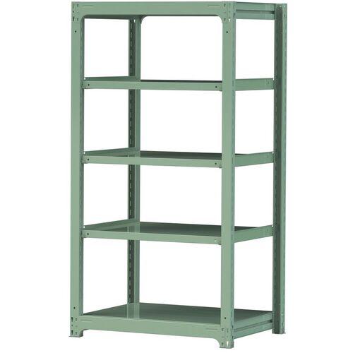 《メーカー》山金工業（株）《品番》5S6370-5G《特長》●ボルトレス構造で、組み立て・分解が短時間で簡単に行えます。●中間棚板の取付位置は、収納物に合わせて50mmピッチで調整できます。●分割棚板で高強度を実現しました。●樹脂ハンマー1本で組み立てできます。《用途》●工場、倉庫、物流センター、バックヤードの収納・保管に。《仕様》●間口(mm):955●奥行(mm):700●高さ(mm):1800●有効間口(mm):840●色:ライトグリーン●棚段数(段):5●均等積載量(kg/段):500●最大積載量(kg/台):2000●棚板調整ピッチ(mm):50●タイプ:単体型《仕様2》《原産国（名称）》日本《材質／仕上》●本体:スチール《セット内容／付属品》《注意》●棚板は分割仕様です。1段につき2〜3枚使用します。●組立後のH寸法は、高さ寸法に2mmをプラスして ください。《JANコード》4573581436828《本体質量》92.1kgヤマテック　ボルトレス中量ラック　500kg／段　　W900×D700×H1800mm　天地5段　ライトグリーン〔品番：5S6370-5G〕[注番:3387705][本体質量：92.1kg]《包装時基本サイズ：××》〔包装時質量：〕分類》物流・保管用品》物品棚》中量棚（300kg）☆納期情報：取寄管理コード(909) メーカー直送品【法人限定＝会社名ご記入お願い致します。】