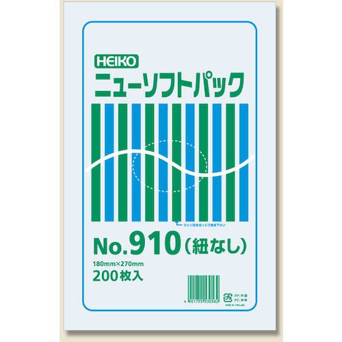 《メーカー》（株）シモジマ《品番》006694910《特長》●スーパーマーケットなどでおなじみの、極薄HDポリ袋です。●お惣菜などのお持ち帰り用や、一時的な仕分けなどに利用されます。●厚み0．009mm。●吊り下げ用の紐は付いておりません。●入数:200枚《用途》《仕様》●厚さ(mm):0.009●厚0．009×幅180×高270mm《仕様2》《原産国（名称）》タイ《材質／仕上》●HDPE《セット内容／付属品》《注意》《JANコード》4901755530582《本体質量》167.0g※こちらの商品は送料無料対象外です。※「送料無料」と表示されても別途送料が必要となりますのでご注意ください。HEIKO　極薄HDポリ袋　ニューソフトパック　No．910　紐なし　200枚入り〔品番：006694910〕[注番:3399454][本体質量：167.0g]《包装時基本サイズ：××》〔包装時質量：〕分類》梱包用品》梱包結束用品》ポリ袋☆納期情報：取寄管理コード(005) メーカー直送品 (欠品の場合有り)