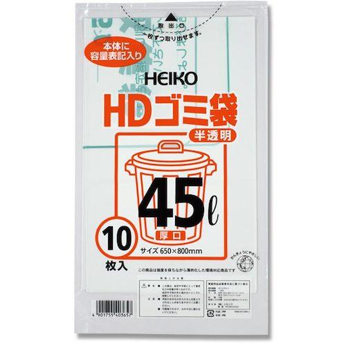 《メーカー》（株）シモジマ《品番》006603803《特長》●一般的に使われている半透明のゴミ袋です。●本体に容量表記が入っています。《用途》《仕様》●厚さ(mm):0.025●幅(mm):650●容量(L):45●高(mm)800《仕様2》《原産国（名称）》中国《材質／仕上》●HDPE《セット内容／付属品》《注意》《JANコード》4901755403657《本体質量》48.0g※こちらの商品は送料無料対象外です。※「送料無料」と表示されても別途送料が必要となりますのでご注意ください。HEIKO　ゴミ袋　HD　半透明　厚口025　45L　10枚入り〔品番：006603803〕[注番:3431270][本体質量：48.0g]《包装時基本サイズ：××》〔包装時質量：〕分類》梱包用品》梱包結束用品》ポリ袋☆納期情報：取寄管理コード(005) メーカー直送品 (欠品の場合有り)