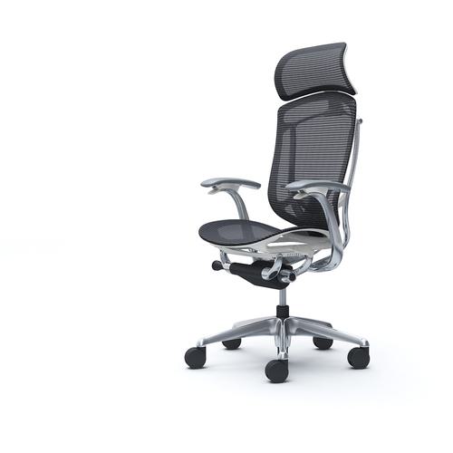 ■OKAMURA コンテッサセコンダ 固定肘 座メッシュ 大型ヘッド5本脚 ポリッシュ ホワイト ランバー付ハンガー無 張地色ブラック〔品番:CC45BZFPG1〕【4256604:0】[送料別途見積り][法人・事業所限定][外直送][店頭受取不可]