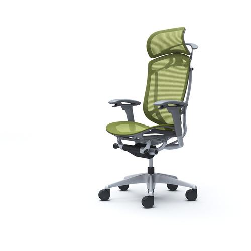 ■OKAMURA コンテッサセコンダ 可動肘 座メッシュ 大型ヘッド5本脚 シルバー グレー ランバー無ハンガー付 張地色グリーン〔品番:CC86GAFPG5〕【4256647:0】[送料別途見積り][法人・事業所限定][外直送][店頭受取不可]