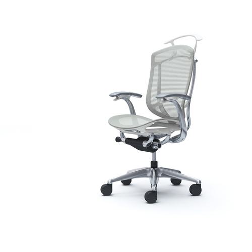 ■OKAMURA コンテッサセコンダ 固定肘 座メッシュ ハイバック5本脚 ポリッシュ ホワイト ランバー無ハンガー付 張地色ライトグレー〔品番:CC42BWFPG3〕【4261492:0】[送料別途見積り][法人・事業所限定][外直送][店頭受取不可]