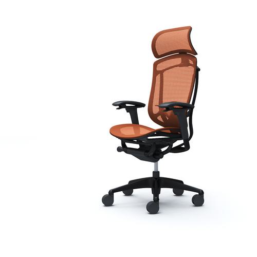 ■OKAMURA コンテッサセコンダ 可動肘 座メッシュ 大型ヘッド5本脚 ブラック ブラック ランバー付ハンガー無 張地色オレンジレッド〔品番:CC85MSFPH8〕【4266146:0】[送料別途見積り][法人・事業所限定][外直送][店頭受取不可]