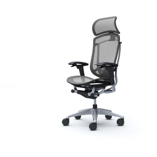 ■OKAMURA コンテッサセコンダ 可動肘 座メッシュ 大型ヘッド5本脚 シルバー ブラック ランバー付ハンガー無 張地色ミディアムグレー〔品番:CC85GSFPH2〕【4277129:0】[送料別途見積り][法人・事業所限定][外直送][店頭受取不可]