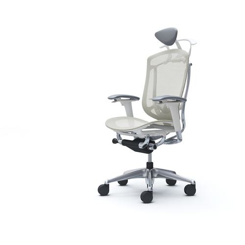 ■OKAMURA コンテッサセコンダ 可動肘 座メッシュ 小型ヘッド5本脚 ポリッシュ ホワイト ランバー付ハンガー付 張地色ホワイト〔品番:CC8BBZFPG2〕【4277275:0】[送料別途見積り][法人・事業所限定][外直送][店頭受取不可]