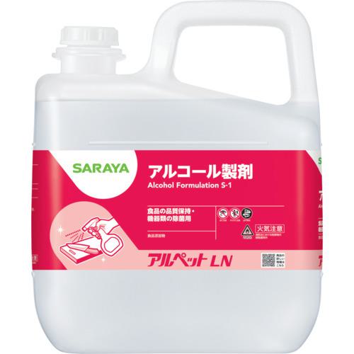 《メーカー》サラヤ（株）《品番》40073《特長》●消防法における危険物の規制を受けないアルコール製剤です。《用途》●調理器具類の除菌。●食品の品質保持。《仕様》●容量(L):5●希釈倍率(倍):原液《仕様2》●原液使用《原産国（名称）》日本《材質／仕上》●エタノール（50.0w/w%）、グリセリン脂肪酸エステル（0.2w/w%）、クエン酸（0.5w/w%）、クエン酸ナトリウム（0.1w/w%）、グリセリン（0.1w/w%）、水（48.6w/w%）《セット内容／付属品》《注意》●詰替え用コック・ノズルは別売（品番:92091カップ＋ノズルセット）です《JANコード》4987696400733《本体質量》4.7kgサラヤ　【※軽税】アルペットLN　5L〔品番：40073〕[注番:6509931][本体質量：4.7kg]《包装時基本サイズ：225.00×122.00×284.00》〔包装時質量：4800.0g〕分類》清掃・衛生用品》労働衛生用品》食器・厨房機器洗剤☆納期情報：取寄管理コード(006) メーカー直送品 (欠品の場合有り)