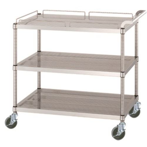 ■シンコー ステンレスワゴン(SUS430) 天地3段タイプ パンチング棚 ガード付1段ガード無2段 φ100ウレタン車 600×450×800〔品番:PM126045U100〕【6863365:0】[法人・事業所限定][外直送元][店頭受取不可]
