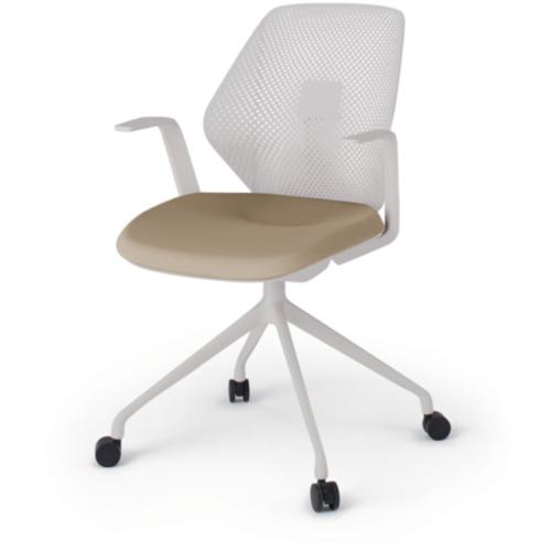 ■ITOKI キュアチェア 4本脚 樹脂メッシュバック 肘付 ウレタン双輪キャスター付 脚ライトグレー 本体ライトグレー 布地サンドイエロー〔品番:KG985PVM1NNY3〕【6879050:0】[送料別途見積り][法人・事業所限定][外直送][店頭受取不可]