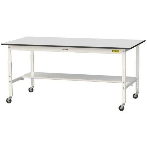 ■ヤマテック ワークテーブル150シリーズ 高さ調整タイプ移動式 半面棚板付 RoHS2指令対応塩ビシート天板 W1800×D900×H688~H988mm 〔品番:SURAC1890TGYW〕【6963249:0】[法人・事業所限定][外直送元][店頭受取不可]