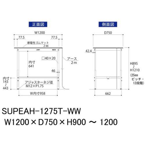 ■ヤマテック ワークテーブル150シリーズ 導電性ゴムマット貼りタイプ 高さ調整タイプ 半面棚板付 W1200×D750×H900~H1200mm 緑マット/シルキーホワイト〔品番:SUPEAH1275TWW〕【6966341:0】[法人・事業所限定][直送元][店頭受取不可] [3]