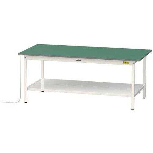 ■ヤマテック ワークテーブル150シリーズ 導電性ゴムマット貼りタイプ 固定式 全面棚板付 W1800×D750×H740mm 緑マット/シルキーホワイト〔品番:SUPE1875TTWW〕【6967928:0】[法人・事業所限定][外直送元][店頭受取不可]