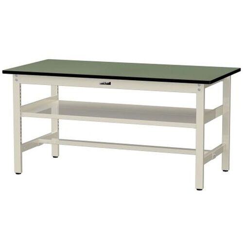 ■ヤマテック 中量作業台 ワークテーブル500シリーズ 固定式 中間全面棚板付 塩ビシート天板 W1500×D750×H740mm グリーン/ヤマテックアイボリー〔品番:SJR1575S2GI〕【6972887:0】[法人・事業所限定][外直送元][店頭受取不可]