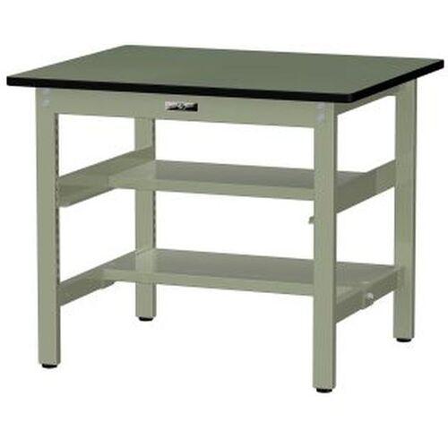 ■ヤマテック ワークテーブル500シリーズ 固定式 中間棚・半面棚板付 塩ビシート天板 W900×D750×H740mm グリーン/ヤマテックグリーン〔品番:SJR975TS1GG〕【6974444:0】[法人・事業所限定][外直送元][店頭受取不可]