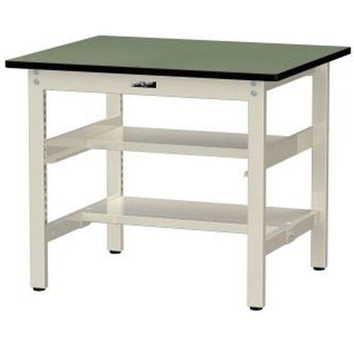 ■ヤマテック ワークテーブル500シリーズ 固定式 中間棚・半面棚板付 塩ビシート天板 W900×D750×H740mm グリーン/ヤマテックアイボリー〔品番:SJR975TS1GI〕【6975943:0】[法人・事業所限定][外直送元][店頭受取不可]