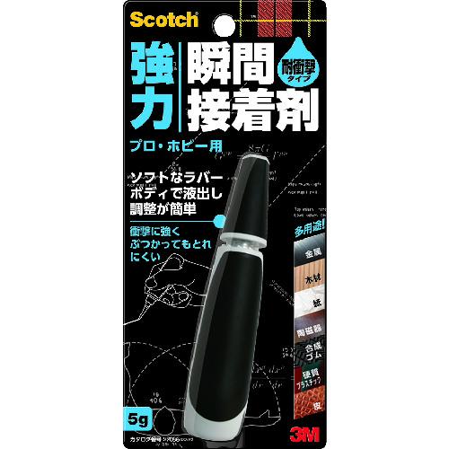 《メーカー》スリーエム　ジャパン（株）ホームインプルーブメント販売部《品番》7056《特長》●スポイトのような新容器を採用しており、細かい部分にもワンプッシュで適量の液出しが簡単にできます。●特殊なキャップで密閉しているため、長期間保管していても固まりにくく、白化しにくいです。●ソフトラバーの採用で、握りやすく押し出しが容易のため、狙ったところに吐出できます。●液だれが少なく、はみ出しが少ないため、きれいに仕上がります。《用途》●各種工作、部品金具類。《仕様》●色:透明●容量(g):5●固着時間(23℃):20秒●使用温度範囲(℃):−20 〜80●タイプ:耐衝撃タイプ《仕様2》●固着時間(25℃):20秒●チューブタイプ《原産国（名称）》台湾《材質／仕上》●主成分:シアノアクリレート、合成ゴム《セット内容／付属品》《注意》●接着できないもの:ポリエチレン、ポリプロピレン、発泡スチロール、シリコーン樹脂、フッ素樹脂、軟質塩化ビニール、ガラス、食器《JANコード》4549395377596《本体質量》32.0g3M　スコッチ　強力瞬間接着剤　耐衝撃　プロ・ホビー用　5g〔品番：7056〕[注番:7809247][本体質量：32.0g]《包装時基本サイズ：186.00×84.00×24.00》〔包装時質量：40.0g〕分類》化学製品》接着剤・補修剤》瞬間接着剤☆納期情報：取寄管理コード(006) メーカー直送品 (欠品の場合有り)