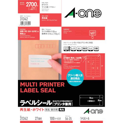 ■3M エーワン ラベルシール(プリンタ兼用)再生紙 27面 四辺余白付 角丸〔品番:31342〕【8066550:0】[送料別途見積り][掲外取寄][店頭受取不可]