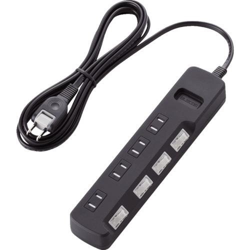 ■ELECOM 雷ガードタップ 個別スイッチ シャッター付 4個口 2.5m ブラック〔品番:TK6A2425BK〕【8218678:0】[店頭受取不可]