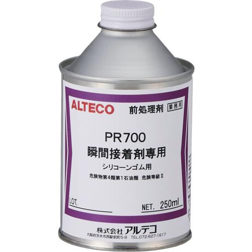 《メーカー》（株）アルテコ《品番》PR700-250ML《特長》●接着困難なシリコーンゴムなどを接着可能にする瞬間接着剤専用の前処理剤です。●シリコーンゴム同士やシリコーンゴムとその他材質の接着性を向上させます。《用途》●工業用部品の接着・補修に。●シリコーンゴム（樹脂）同士の接着性改善に。●シリコーンゴム/異種材の接着性改善に。《仕様》●色:淡黄色透明●容量(ml):250●推奨接着剤:瞬間接着剤※アルテコ製●塗布後有効時間:2時間●容量(L):0.25●高さ(mm):120●外径(mm):70●塗布後有効時間(時間):2《仕様2》●ブリキ山高缶《原産国（名称）》日本《材質／仕上》●主成分:イソプロピルアルコール、メチルシクロヘキサン《セット内容／付属品》●本体（山高缶）《注意》●『一般消費者/個人』様向けの表記や取扱説明書の同梱はございません。※本品『工業/事業者』用商材です。●引火性ですので火気の付近や高温下で使用しないでください。●使用中、使用後は換気をよくしてください。●単体での接着効果はございません。《JANコード》4970754805021《本体質量》260.0gアルテコ　シリコーンゴム用　前処理剤　PR700　250ml（瞬間接着剤専用）〔品番：PR700-250ML〕[注番:8552860][本体質量：260.0g]《包装時基本サイズ：68.00×68.00×120.00》〔包装時質量：260.0g〕分類》化学製品》接着剤・補修剤》瞬間接着剤☆納期情報：取寄管理コード(006) メーカー直送品 (欠品の場合有り)