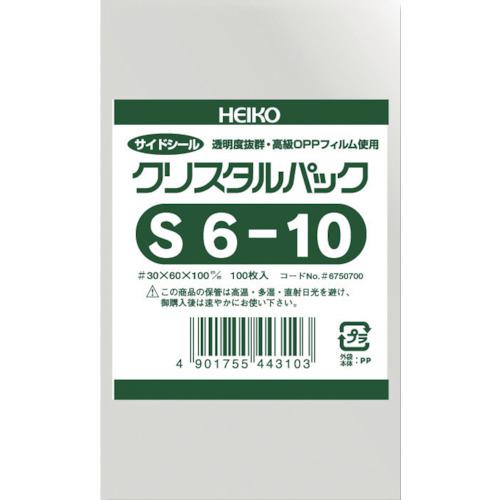 《メーカー》（株）シモジマ《品番》6750700 S6-10《特長》●クリスタルパックはつやがあり透明感抜群の国産高級OPPフィルムを使用した袋です。●すべりが良く作業効率もバツグンです。●袋の両側を熱圧着して製造する為、のりしろが発生しないので中身が綺麗に見えます。《用途》●各サイズに合わせた包装・保護・保管・整理に最適。《仕様》●色:透明●縦(mm):100●横(mm):60●厚さ(mm):0.03《仕様2》●OPPのシートを底で折り返し、袋の両側をヒートシール(熱圧着)して製造するため、袋にミミ(のりしろ)が発生せず、使用感がスマートです。●S(サイドシール)はテープが付いていない最もスタンダードなシリーズです。《原産国（名称）》日本《材質／仕上》●OPP（二軸延伸ポリプロピレン）国産フィルム《セット内容／付属品》《注意》《JANコード》4901755443103《本体質量》32.0gHEIKO　OPP袋　テープなし　クリスタルパック　S6−10　100枚入り〔品番：6750700 S6-10〕[注番:8562677][本体質量：32.0g]《包装時基本サイズ：108.00×73.00×9.00》〔包装時質量：32.0g〕分類》梱包用品》梱包結束用品》ポリ袋☆納期情報：取寄管理コード(006) メーカー直送品 (欠品の場合有り)