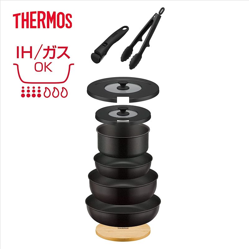 サーモス（THERMOS）【KSA-9A-BK】取っ手のとれるフライパン9点セット　ブラック　■IH・ガス火両用　耐摩耗性デュラブルコート　■送料無料（北海道・沖縄県・離島は送料が掛かります）