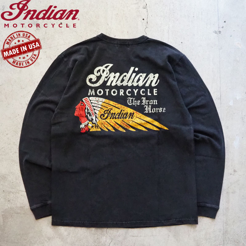 樂天商城 - Indian Motorcycle インディアン モーターサイクル ロンT 長袖Tシャツ IM69609 メンズ USA製 アメカジ モトサイクル ブランドロゴ プリント 長袖Tシャツ 東洋 東洋エンタープライズ 黒 メール便