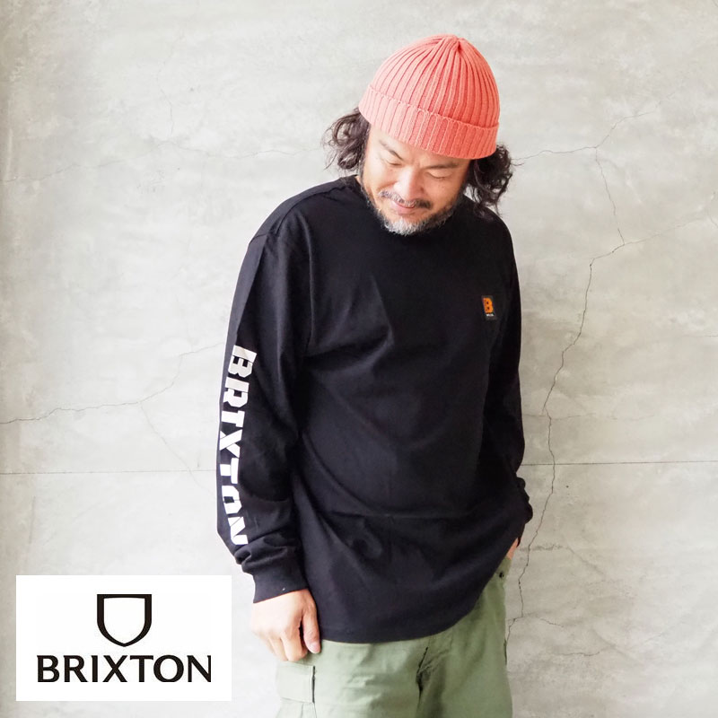 BRIXTON ブリクストン ロンT メンズ BUILDERS L/S STT 16977 長袖 Tシャツ ロングスリーブ 長袖Tシャツ 袖ロゴ プリント スタンダードフィット 黒 クリーム XL アメカジ ストリート