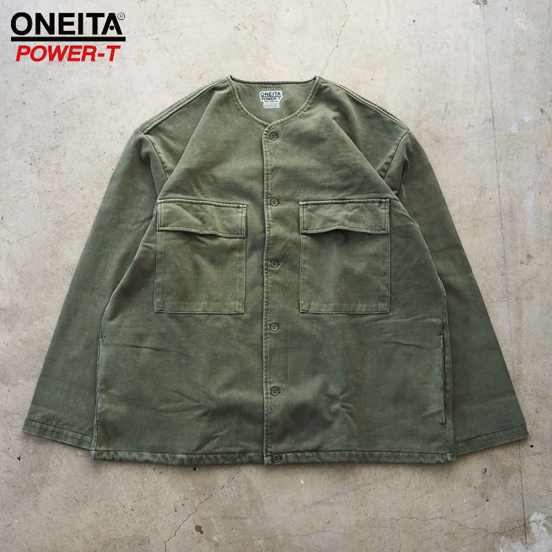 樂天商城 - ONEITA オニータ ピグメント ジャケット 2323-012on メンズ パワーTボディ ノーカラー カーディガン ノーカラージャケット ロンT アメカジ ストリート グリーン 長袖
