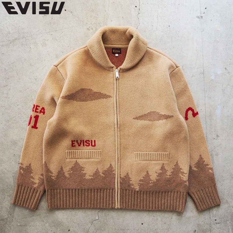 EVISU エヴィス ジャケット ニット メンズ UFOとカウチン編み込みパターン リラックスフィット ニット..