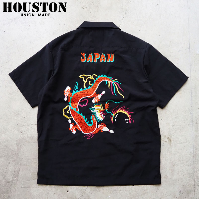 樂天商城 - HOUSTON ヒューストン シャツ ボウリングシャツ 龍　41319 メンズ ボーリング 半袖 和柄 ボーリングシャツ 半袖シャツ 刺繍 スカシャツ アメカジ 黒 ドラゴン
