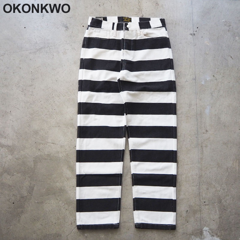 樂天商城 - OKONKWO ボーダー パンツ プリズン モーターサイクルパンツ INS-261 メンズ ストライプ 太ボーダー シンプル ストリート コットン