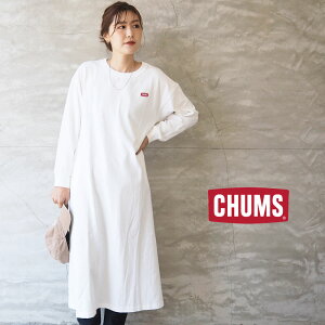 CHUMS チャムス ワンピース レディース 長袖 フレア ロングワンピース CH18-1224 長袖ワンピ フレアワンピ ロング丈 フレアシルエット Aライン オーバーサイズ ロゴ 刺繍 レイヤード コットン カジュアル アウトドア キャンプ シンプル